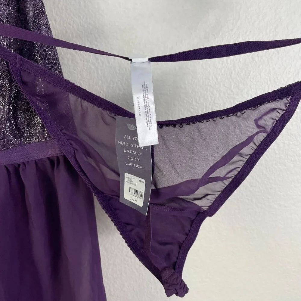 NEW Cacique Womens Plus 22/24 Purple Metallic Sheer Lace Babydoll Lingerie Set - Picture 14 of 14